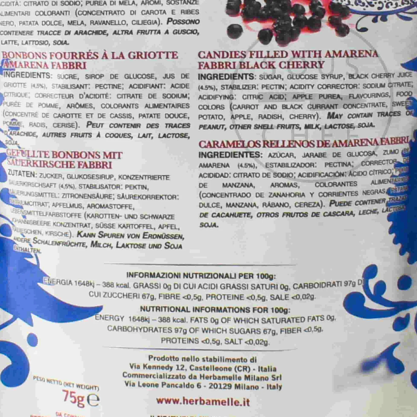 Clearance Herbamelle Amarena Cherry Sweets, 75g Italian Ingredients|Chocolate & Sweets