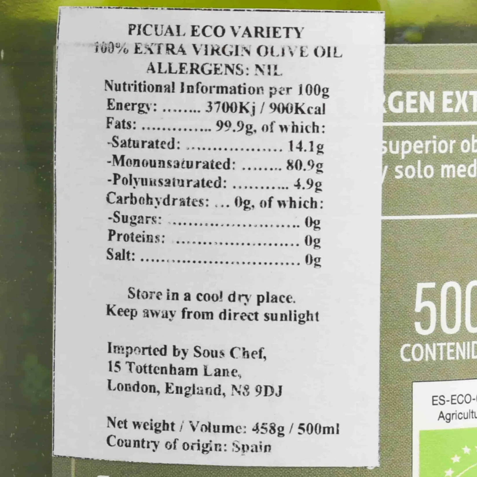 Hacienda el Palo Premium Picual Ecological Extra Virgin Olive Oil, 500ml Spanish Ingredients|Oil, Vinegar & Dressings