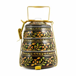 Hot Hand Painted Three Tier Black Tiffin Tin, 1.5 Litre Indian Ingredients|Food Storage & Containers