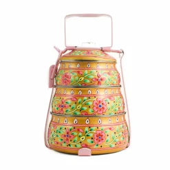 Hand Painted Three Tier Yellow Tiffin Tin, 1.5 Litre Indian Ingredients|Food Storage & Containers
