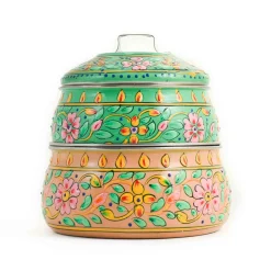 Sale Hand Painted Two Tier Pink & Green Tiffin Tin, 750ml Indian Ingredients|Food Storage & Containers
