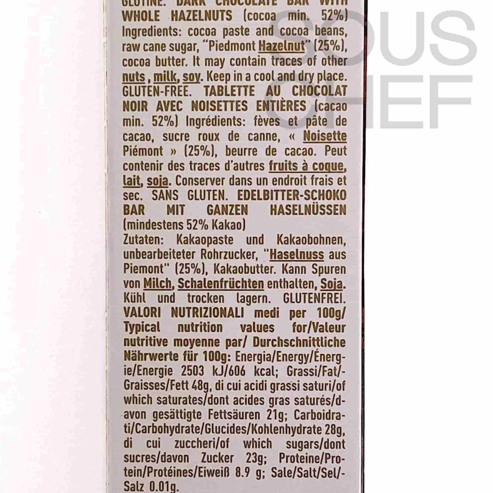 Dark Chocolate Bar with Whole Hazelnuts, 55g Ingredients Brands|Italian Ingredients