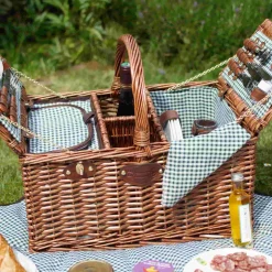 Online Saint-Germain Green Gingham Picnic Basket, 4 Person French Ingredients|Picnicware