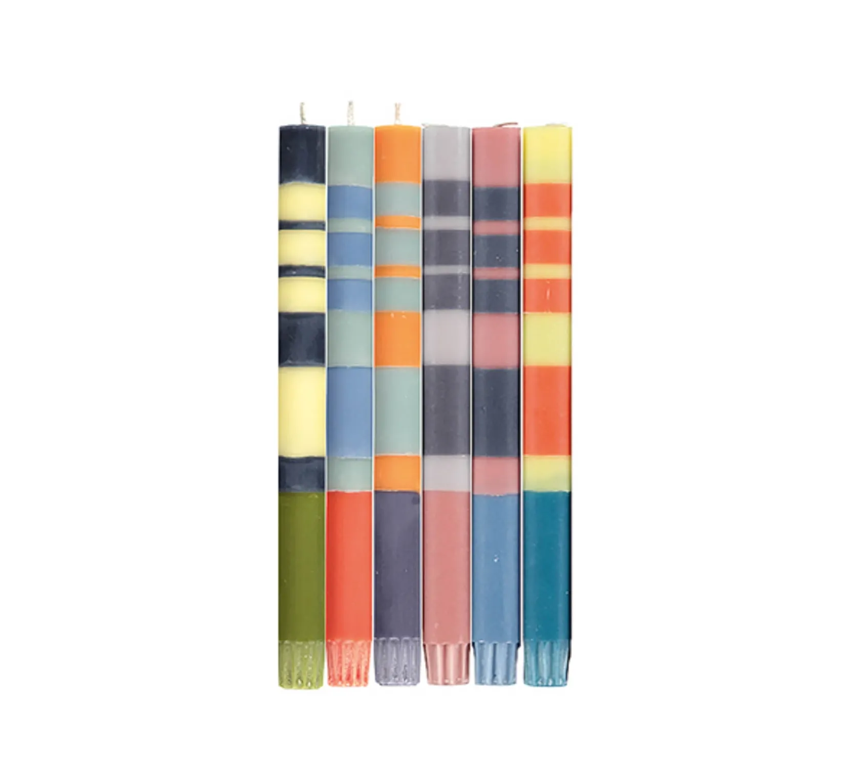 Set of 6 Striped Dinner Candles - Warm Tones, Multicolour Made In The Uk|Table Setting